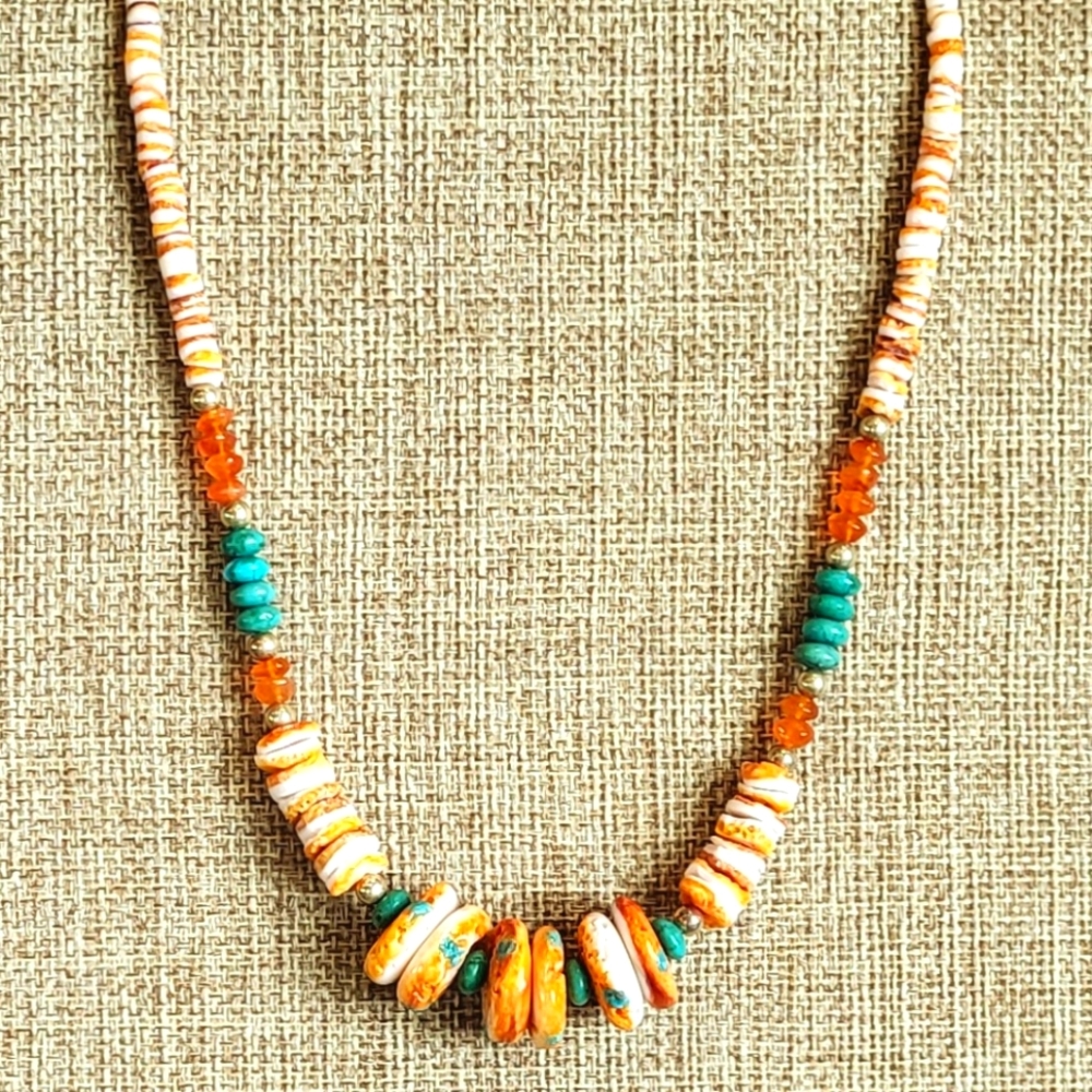 OHC 16.5 inch orange spiny oyster necklace with carnelian and turquoise